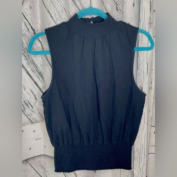 Sundays Sleeveless Top Smocked Neck and Waist Navy Size M - Picture 1 of 7